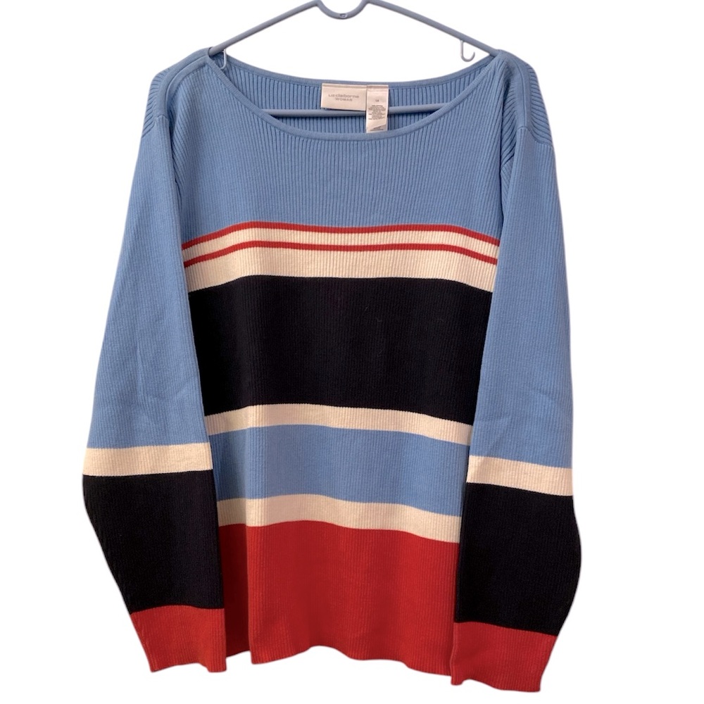 Liz Claiborne Woman Sweater Blue White Rust Rounded Neckline Ribbed Knit SZ 1X